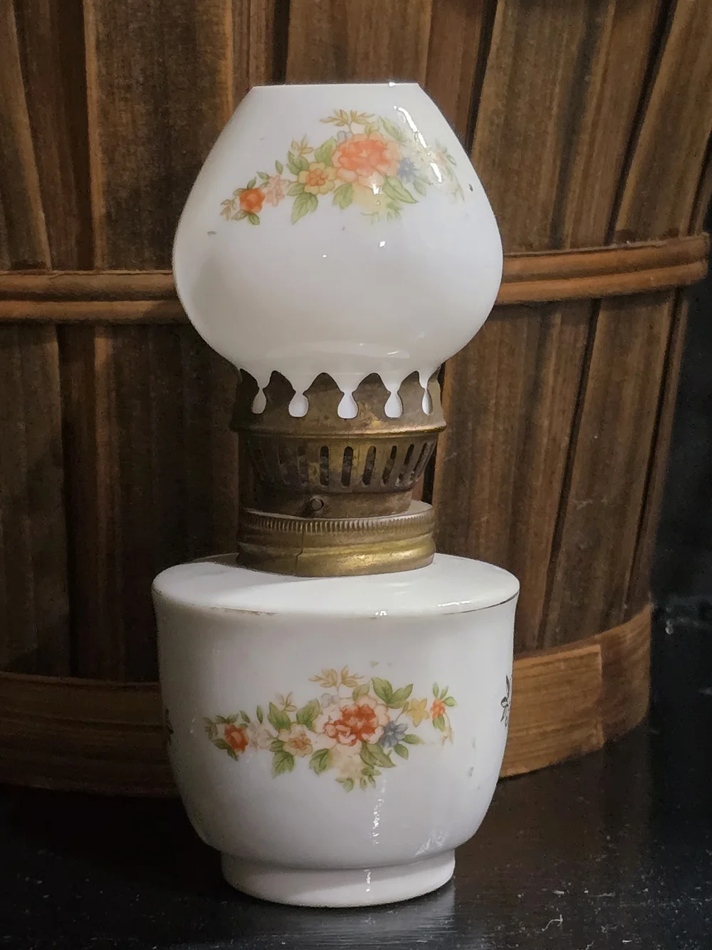 Vintage White Milk Glass Lantern with Orange and Green Floral Motif
